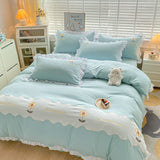 Tineit Kawaii Princess Bedding Set with White Ruffles Korean Style Girls Single Full Duvet Cover No Filling Flat Sheet Pillowcases Kit