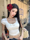 Tineit 2025 New Pure Color Causal Basic Blouse Woman Short Sleeve Slim Y2k Crop Tops Outfits Korean Style Sweet Lace Tees Chic