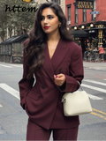 Tineit Elegant Women's Burgundy Suit Jacket Vintage Lapel Double Breasted Pocket Full Sleeve Blazer 2024 Autumn Lady Office Outwear New