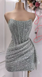 Tineit Sexy Sheath Strapless Pink Sequin Homecoming Dresses Short Birthday Outfits (PRE-ORDER)