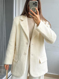 Tineit Furry Woolen Oversize Blazer Coat Women Turn-down Collar Button Up Thicken Warm Outwear 2025 Winter Long Sleeve Jacket Tops