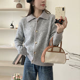 thanksgiving outfit Tineit Retro Plush Lapel Solid Cardigan Women Casual Knitted Single Breasted Pullover Sweaters Female Autumn Fashion Simple Knitwear