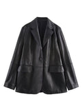 Tineit Elegant Black Blazer Coat Women Single Breasted PU Leather Loose Long Sleeve Pocket Suit Jacket Female 2025 Spring Notched Tops