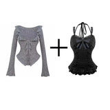 Tineit Women Sweet Lolita Lace Up Ruffles Cardigan Sexy Slim Fit Strapless Vest High Waist Ruched Skirts Early Autumn Three Piece Sets