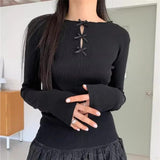 Tineit Fashion All-match Long Sleeve Knitted Tops Women Y2k E-Girl O-neck Hollow Out Bow T-shirts 2025 New Slim Fit Tee Shirt