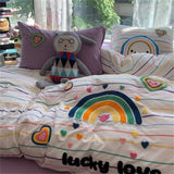 Tineit Korean Ins Dopamine Rainbow Embroidered Washed Cotton Bedding set Duvet Cover Home Luxury No Filling Bedding Set Bed Sheets