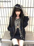 Tineit Fake Two Hoodies Coat 2025 Women Clothing Patchwork Leopard Print Hooded Sweatshirts Y2k Tops Streetwear Casual Fashion Hoodie