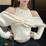 thanksgiving outfit Tineit Sexy Off Shoulder Sweater Women Christmas Elegant Manners Bow Solid Two Piece Knit Jumpers Chic Vest Commuter Office Lady Tops