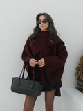 Tineit Burgundy Chic Contrast Edge Scarf Collar Woolen Jacket Elegant Women's Long Sleeve Loose Coat 2025 New Fall Lady Fashion Outwear