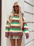 Tineit Mohair Striped Elegant Sweater Women Oversize Long Sleeve Contrast Color O-neck Pullover Female Jumper 2025 Autumn Colorful Tops