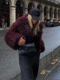 Tineit Women's Fashion Burgundy Fluffy Furry Warm Cropped Coat Elegant Faux Fur Lapel Thicken Warm Jacket 2024 New Lady Chic Streetwear