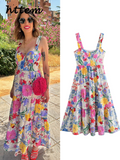 Tineit Elegant Printed Ruffles Strap Dress Women Fashion Sleeveless Backless Patchwork Female Maxi Dresses 2024 Lady Holiday Beach Robe