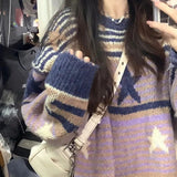 Tineit 2024 Fall Fashion Contrast Color Stripe Star Jacquard Sweater