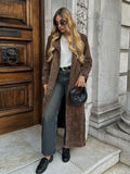 Tineit 2024 New Elegant Suede Lapel Overcoat With Belt Chic Double-breasted Full Sleeve Long Jacket Autumn Female Commute Outwear