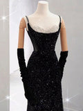 Tineit Elegant Mermaid Spaghetti Straps Black Sequin Long Prom Dresses Party Dress With Beads (PRE-ORDER)