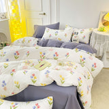 Tineit Ins Purple Flower Bedding Set Washed Cotton Bed Sheet Pillowcase Quilt Cover Simple Kids Adult Floral Duvet Cover No Filler