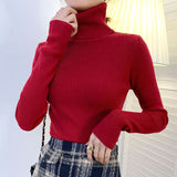 thanksgiving outfit Tineit Zoki Autumn Fashion Women Turtleneck Sweater Korean Long Sleeve Simple Basic Slim Elastic Jumper Solid Screw Thread Elegant Tops