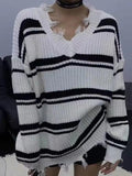 Tineit Striped V Neck Frayed Tassel Knit Sweater