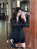 Tineit Office Lady Elegant Black Lace Shirt Woman Coquette Aesthetic Sexy V Neck Blouse Vintage Solid Korean Style Tops Woman Chic