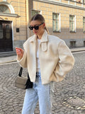 Tineit 2024 New White Chic Women's Lamb Wool Cropped Coat Fashion Loose Zipper Lapel Full Sleeved Jackets Female Warm Casual Streetwear