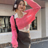 thanksgiving outfit Tineit Y2K Vintage Cropped Sweater Women Solid Punk Ripped Hollow Out O Neck Long Sleeve Pullover Casual Preppy Sweet Knitwear Jumpers