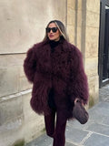 Tineit Women's Fashion Wine Red Furry Faux Fur Warm Coat 2024 New Thicken Fluffy Plush Loose Trendy Jacket Winter Chic Lady Outerwear