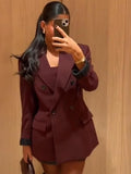 Tineit 2024 Chic Burgundy Red Double Breasted Suit Jacket Women Elegant Lapel Long Sleeve Flap Pockets Blazer Coat Lady Commute Outwear