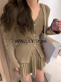 Tineit 2025 Autumn Grey Knitted Suit for Women Korean Slim Short Cardigan Top High Waist Fashion Skirt Suit Outfit 2 Piece Set Chic