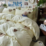 Tineit Solid White Bear Bedding Set Duvet Cover Queen Full Twin Size Bed Flat Sheet Kids Girls Room Decor Quilt Cover Pillowcase Kawaii