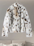 Tineit Leopard Print Faux Fur Short Coat Women Casual Single Breasted Plush Stand Collar Thick Outwear 2025 Autumn Zipper Fluffy Jacket