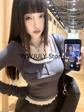 Tineit Korean Fashion Knitted Fake Two Tops Basic Slim Bodycon Sweater Blouse Outwear Design Long Sleeve Clothing 2025 Autumn Chic