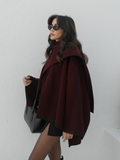 Tineit Burgundy Chic Contrast Edge Scarf Collar Woolen Jacket Elegant Women's Long Sleeve Loose Coat 2025 New Fall Lady Fashion Outwear