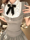 Tineit Preppy Style Grey 2 Piece Set Summer Women Korean Fashion Y2k Crop Tops High Waist Kawaii Slim Mini Skirt Hot Girls 2000s