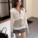 Tineit American Retro Patchwork Knitted Hooded Sweatshirt Jacket Autumn High-end Feeling Y2k Spicy Girl Slim Fit Short Jackets