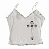 Tineit Gothic vintage Aesthetic Harajuku Punk Y2K Lace women Sleeveless Camisole Sexy Streetwear Hip Hop Rock Harajuku Grunge White Top