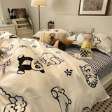 Tineit Cute Bear Bedding Set Cartoon Floral And Animal Duvet Cover Blue Flat Sheet Soft Polyester Kawaii Queen Full Size Bed Linen