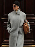 Tineit Fashion Grey Stand Collar Women's Wool Blends Overcoat Chic Button Long Sleeve Back Split Loose Jacket Lady High Streetwear 2025