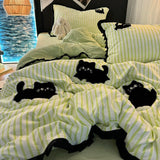 Tineit Pink Striped Cat Embroidery Bedding Set Korean Style Washing Cotton Cute Cardboard Duvet Cover Bed Sheet Pillowcases 3/4pcs