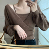 thanksgiving outfit Tineit Autumn Fake Two-Piece Sweater Women Knitted Solid Slim Long-Sleeved Pullover Fashion Casual Sweet Pretty Style Female Tops