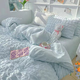 Tineit Princess Bedding Set  French Style Wash Cotton Solid Color Seersucker Summer Soft 2024New Bed Sheet Set Comforter Set