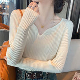 thanksgiving outfit Tineit Korean Elegant Sweater Women Knitted Apricot Autumn Winter Slim Basic Pullover Long Sleeve V-Neck Solid Female Chic Jumpers