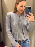 Tineit Sequin Knit Women Cardigan Full Sleeve Slim Female Sweater 2025 Spring Fashion O Neck Commute Single Breasted Lady Knitwear