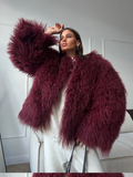 Tineit New Fashion Burgundy Oversized Fluffy Faux Fur Coat 2024 Chic Women O-neck Long Sleeved Warm Jacket Winter Lady Loose Streetwear