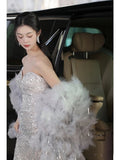 Tineit Elegant Mermaid Sweetheart Neckline Silver Sequin Evening Dress Long Prom Dresses (PRE-ORDER)