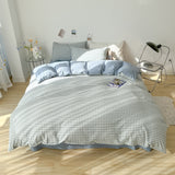 Tineit 2024 New Bedding Set Ins Nordic Style Blue Grid Washed Cotton 4 pcs Bed Sheet Set For Girls Duvet Cover and Pillowcase