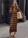 Tineit Elegant Knitted Striped Flare Sleeve Long Dress Women Slim Lapel Single Breasted Female Contrast Dresses 2024 Autumn Lady Robes