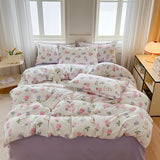 Tineit Purple Floral Double Layer Yarn Quilt Cover Bed Sheet Pillowcase Twin Queen Size Bedding Set Girls Women Duvet Cover No Filler