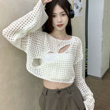 thanksgiving outfit Tineit Chic Hollowed Out Smock Women Long-Sleeve Solid Sexy Cropped Tops Blouse Harajuku Fashion Loose Knitted Y2K High Street Sweater