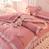 Tineit Green Bedding Sets Kawaii Seersucker Bed Sheet Pillowcase Fashion Girl Princess Duvet Cover 4 Pieces Cute Home Decoration