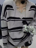 Tineit Striped V Neck Frayed Tassel Knit Sweater